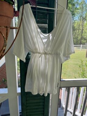 White V-Neck Drawstring Waist Women’s cover up romper